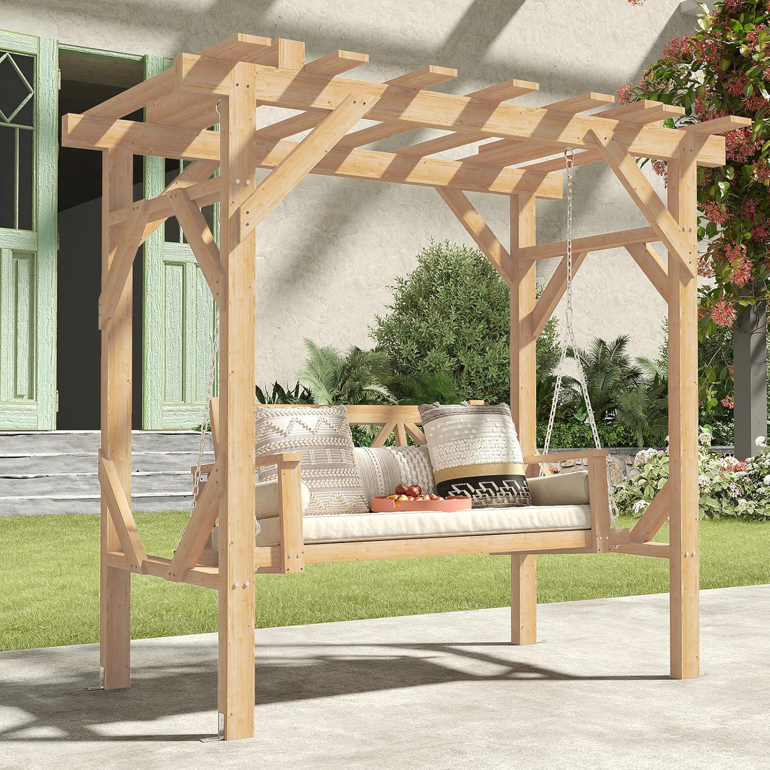 Aoxun Outdoor Cedar Wood Pergola Swing Bench, Porch Swing with